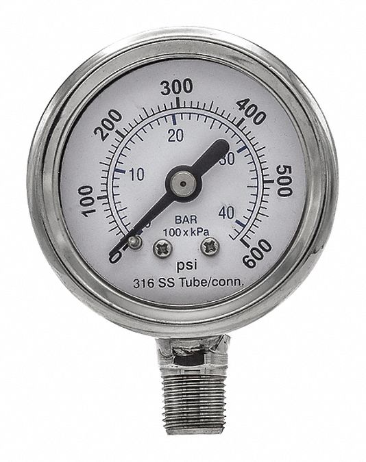 Industrial Pressure Gauge: 0 psi / Hg to 600 psi, 1 1/2 in Dial, 1/8 in NPT Male, Bottom