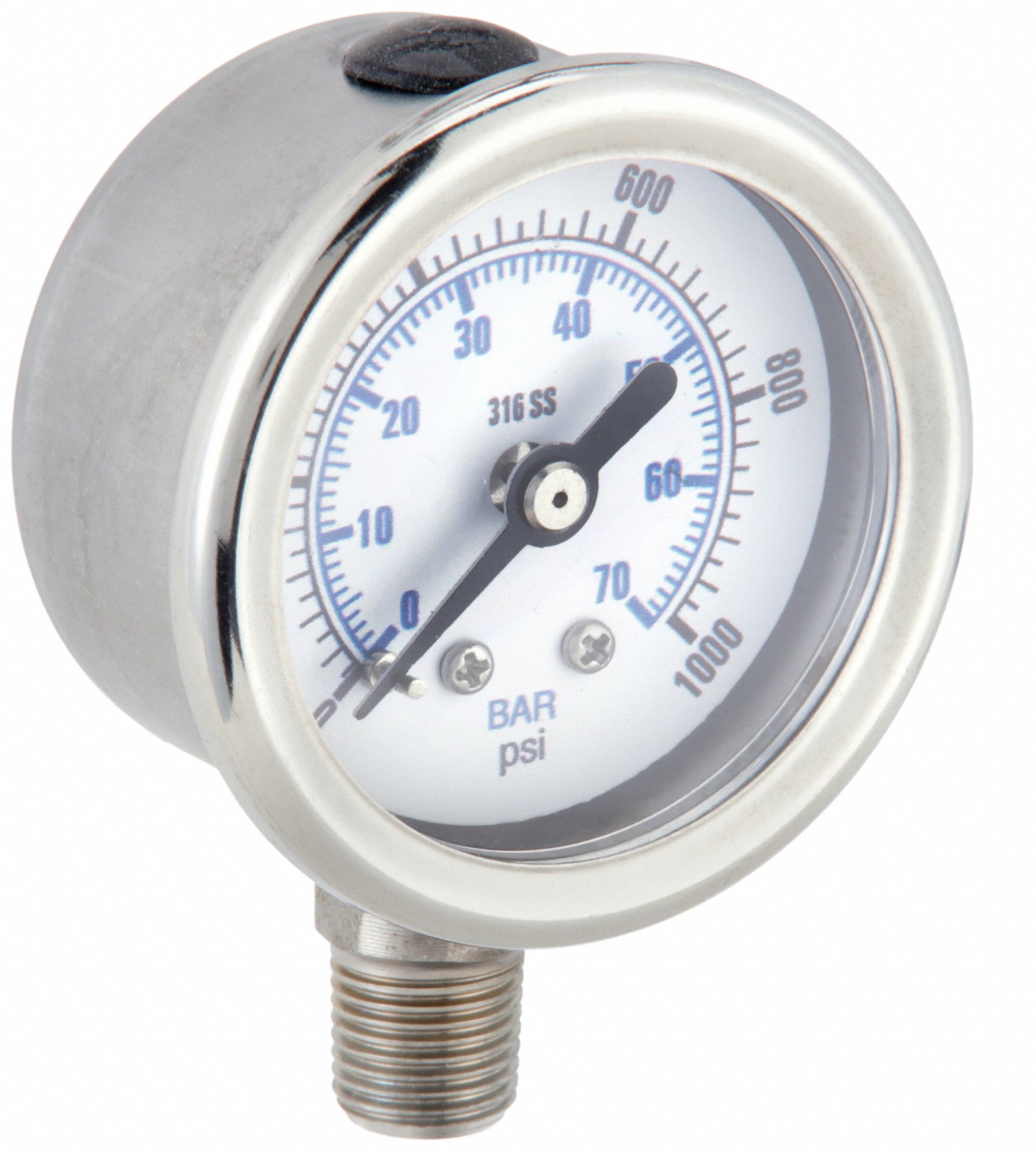 Industrial Pressure Gauge: 0 psi / Hg to 1, 000 psi, 1 1/2 in Dial, 1/8 in NPT Male, 300