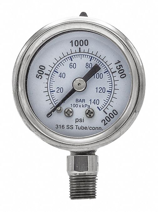 Industrial Pressure Gauge: 0 psi / Hg to 2, 000 psi, 1 1/2 in Dial, 1/8 in NPT Male, 300