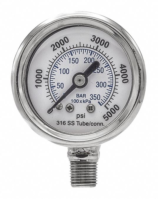 Industrial Pressure Gauge: 0 psi / Hg to 5, 000 psi, 1 1/2 in Dial, 1/8 in NPT Male, 300