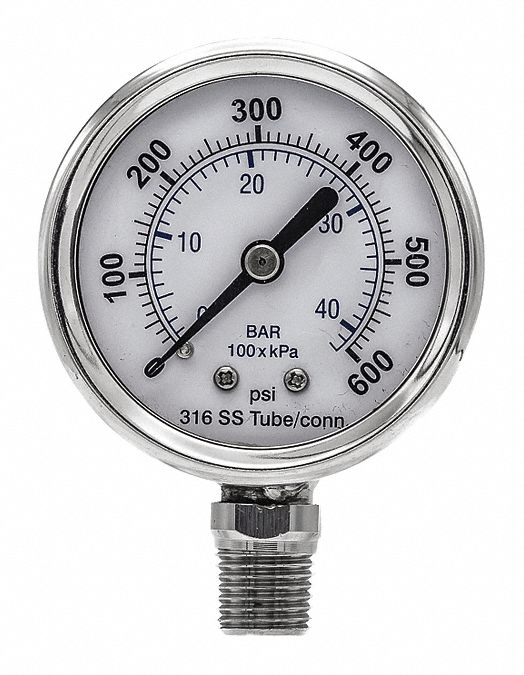 PIC GAUGES Pressure Gauge, 0 to 600 psi Range, 1/4 in MNPT, +/212 Gauge Accuracy 54XP89
