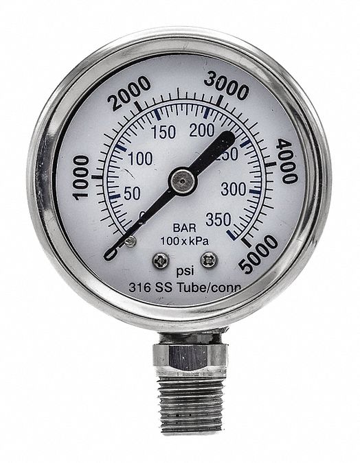 INDUSTRIAL PRESSURE GAUGE, 5,000 PSI TO 0 PSI/HG TO 5,000 PSI, 2 IN DIAL, BOTTOM, 300