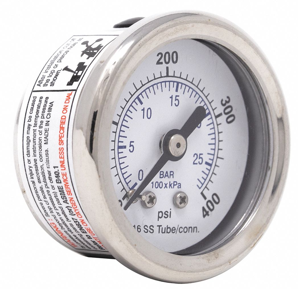 PIC GAUGES Industrial Pressure Gauge: 0 to 400 psi, 1 1/2 in Dial,  Field-Fillable, 1/8 in NPT Male