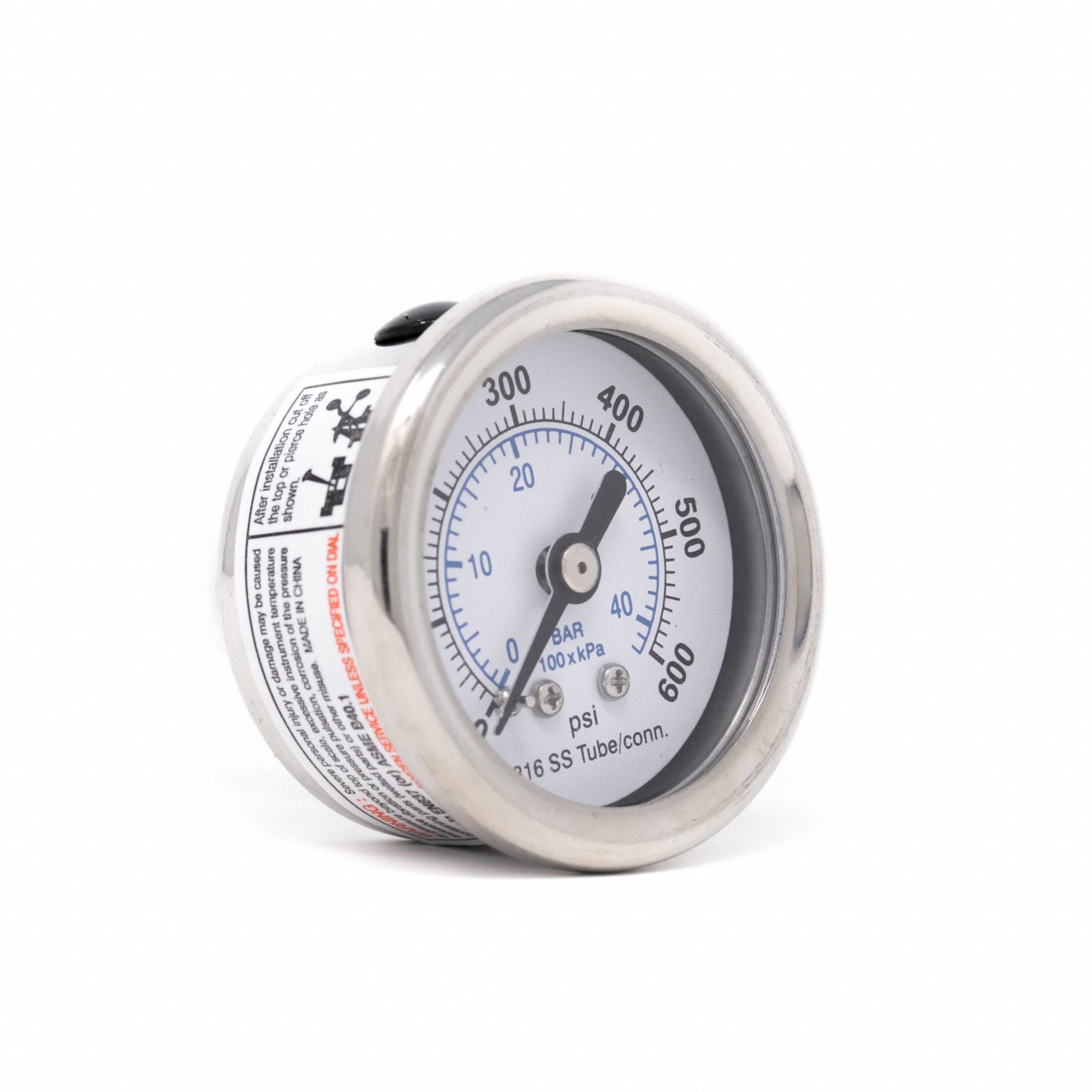 Industrial Pressure Gauge: 0 psi / Hg to 600 psi, 1 1/2 in Dial, 1/8 in NPT Male, 300