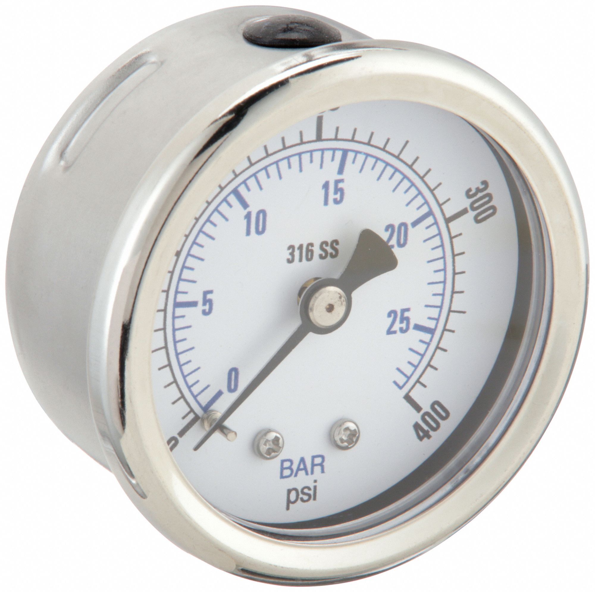 Industrial Pressure Gauge: 0 psi / Hg to 400 psi, 2 in Dial, 1/4 in NPT Male, Center Back