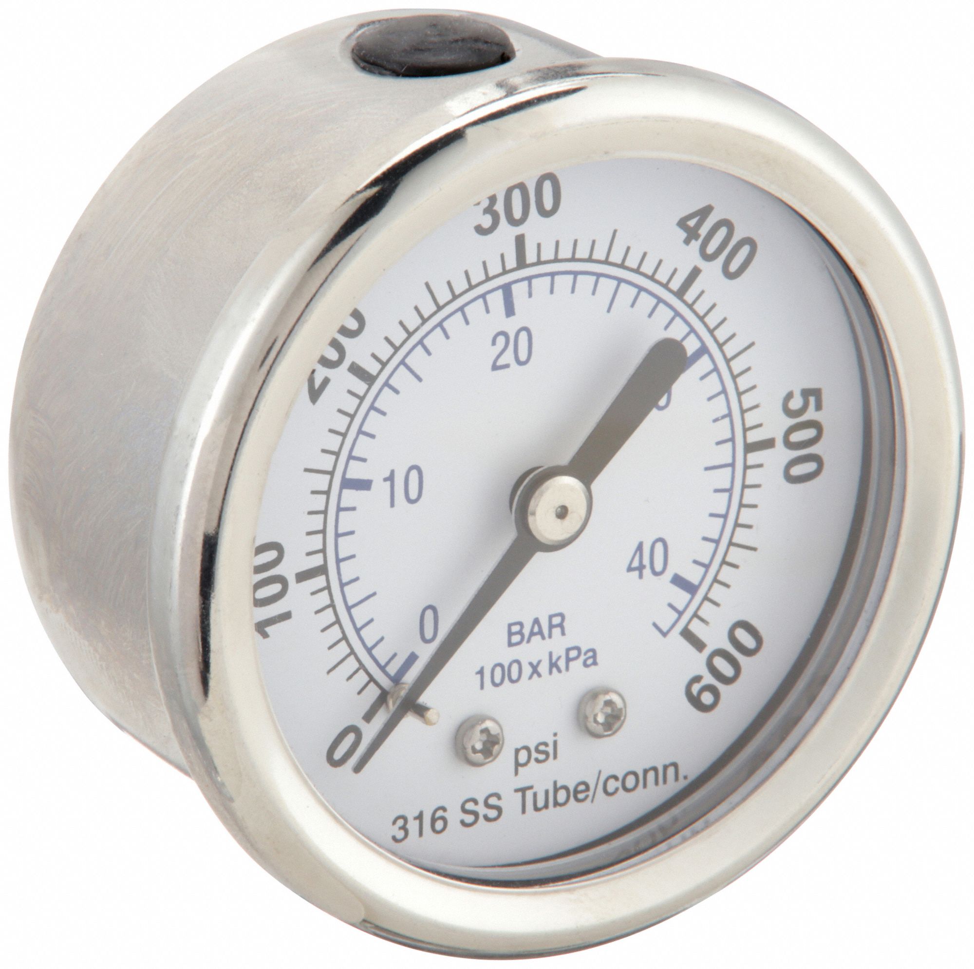 Industrial Pressure Gauge: 0 psi / Hg to 600 psi, 2 in Dial, 1/4 in NPT Male, Center Back