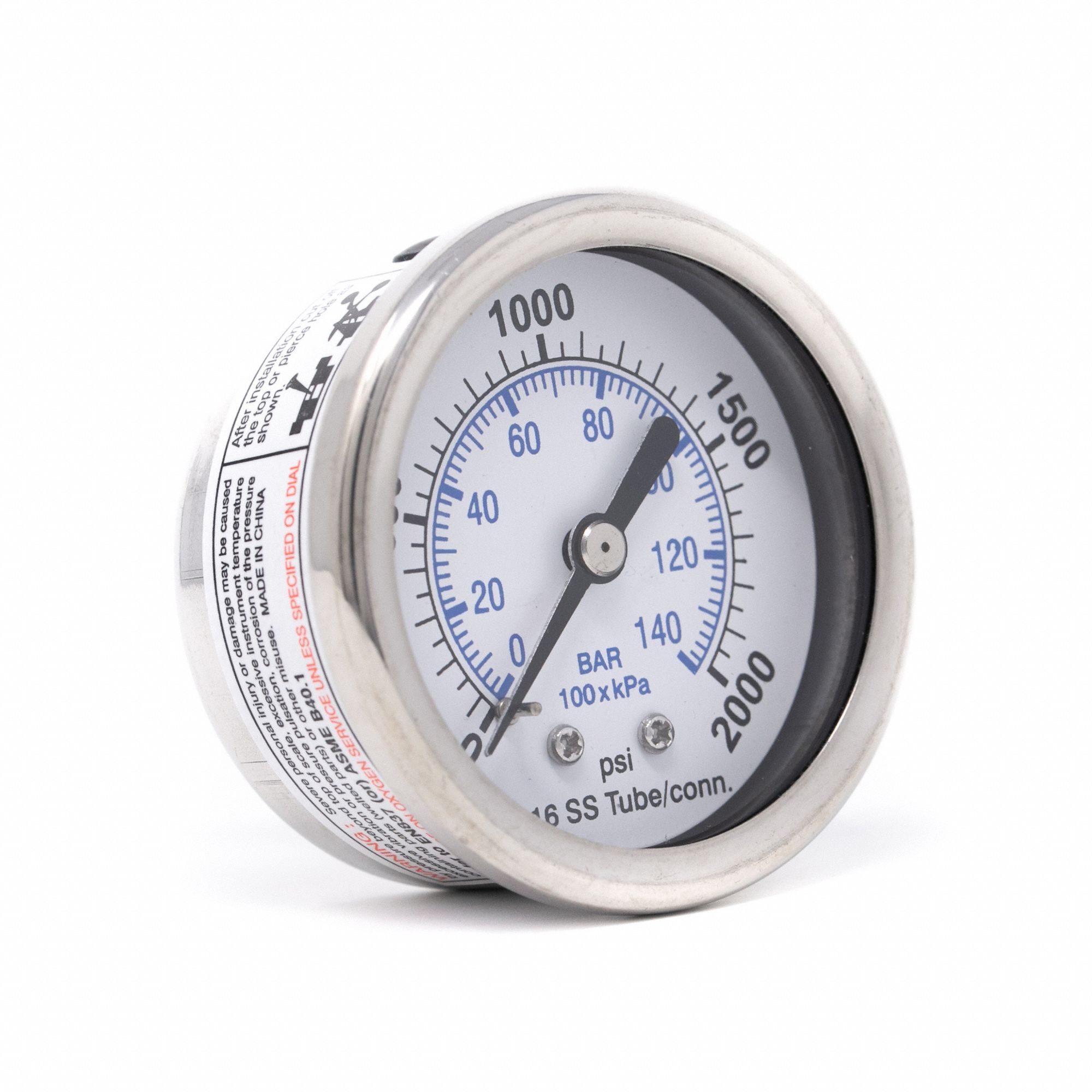 Industrial Pressure Gauge: 0 psi / Hg to 2, 000 psi, 2 in Dial, 1/4 in NPT Male, 300, 300