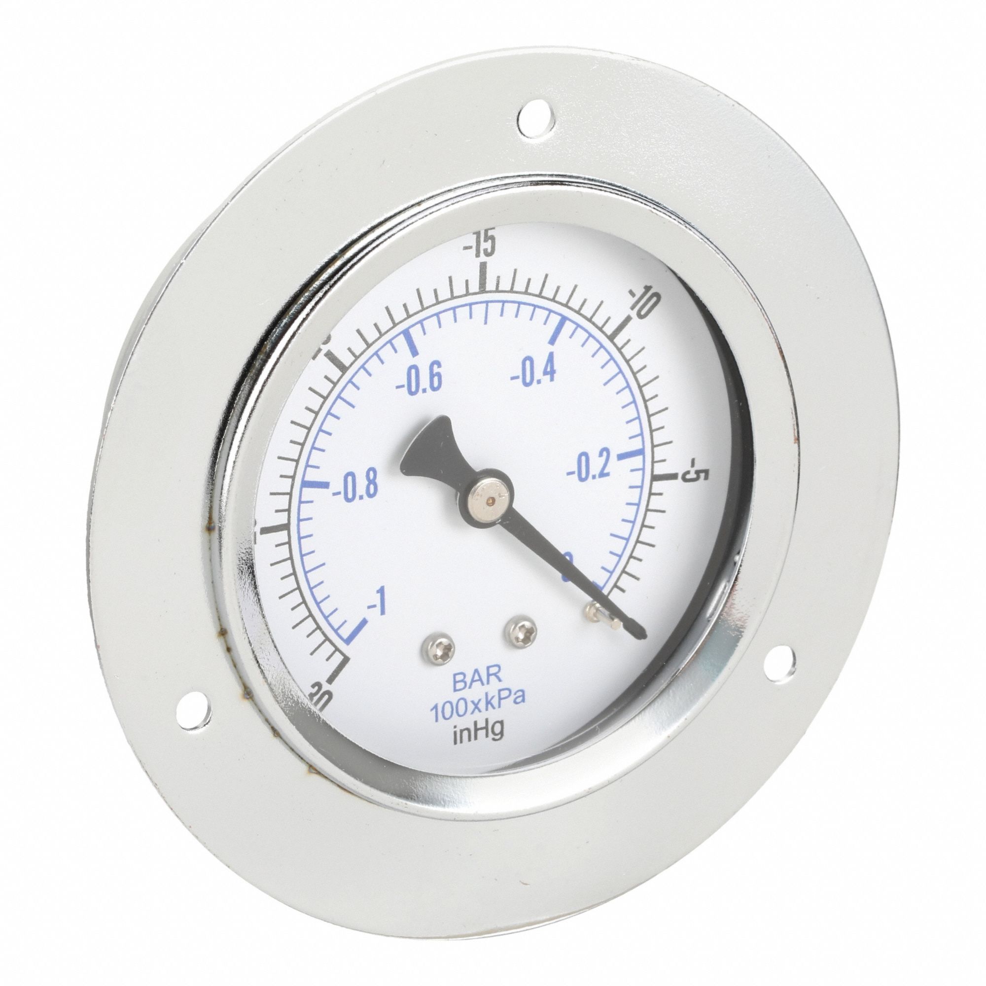 Panel-Mount Vacuum Gauge: Front Flange, 2 1/2 in Dial, 1/8 in NPT Male, Center Back, 104D