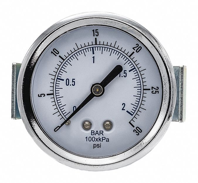Industrial Pressure Gauge: 0 psi to 30 psi, 2 1/2 in Dial, 1/8 in NPT Male, Center Back