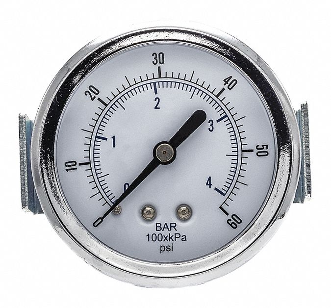 Industrial Pressure Gauge: 0 psi to 60 psi, 2 1/2 in Dial, 1/8 in NPT Male, Center Back