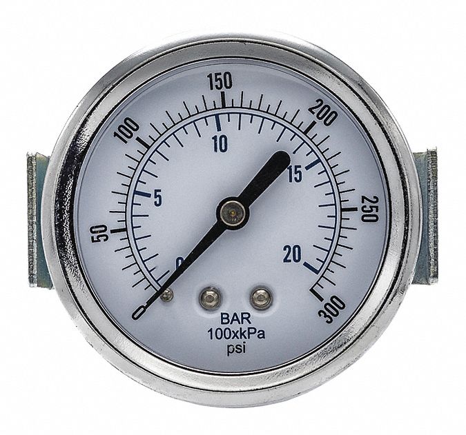 Industrial Pressure Gauge: 0 psi to 300 psi, 2 1/2 in Dial, 1/8 in NPT Male, Center Back