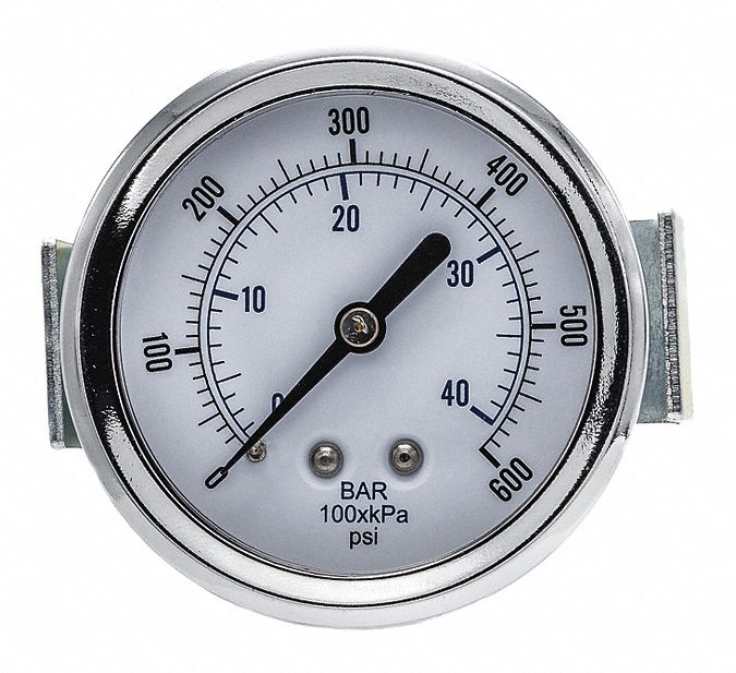 Industrial Pressure Gauge: 0 psi to 600 psi, 2 1/2 in Dial, 1/8 in NPT Male, Center Back