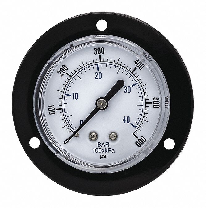 PIC GAUGES Panel-Mount Pressure Gauge: Front Flange, 0 to 600 psi, 2 1/2 in  Dial, 1/8 in NPT Male