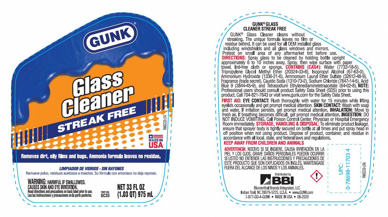 Gunk Glass Cleaner Liquid Trigger Spray Bottle 33 Oz Unscented 54xu73gc33 Grainger 9646