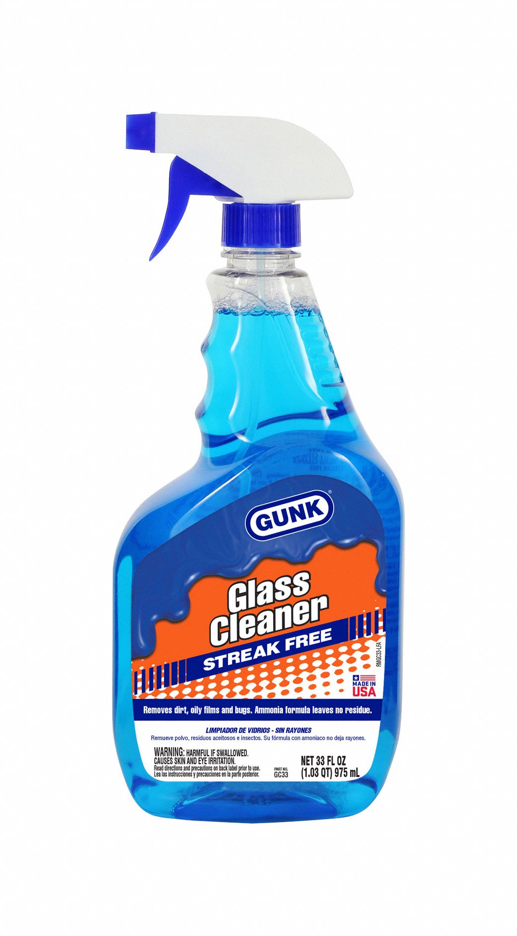 GUNK Glass Cleaner: Liquid, Trigger Spray Bottle, 33 oz, Unscented