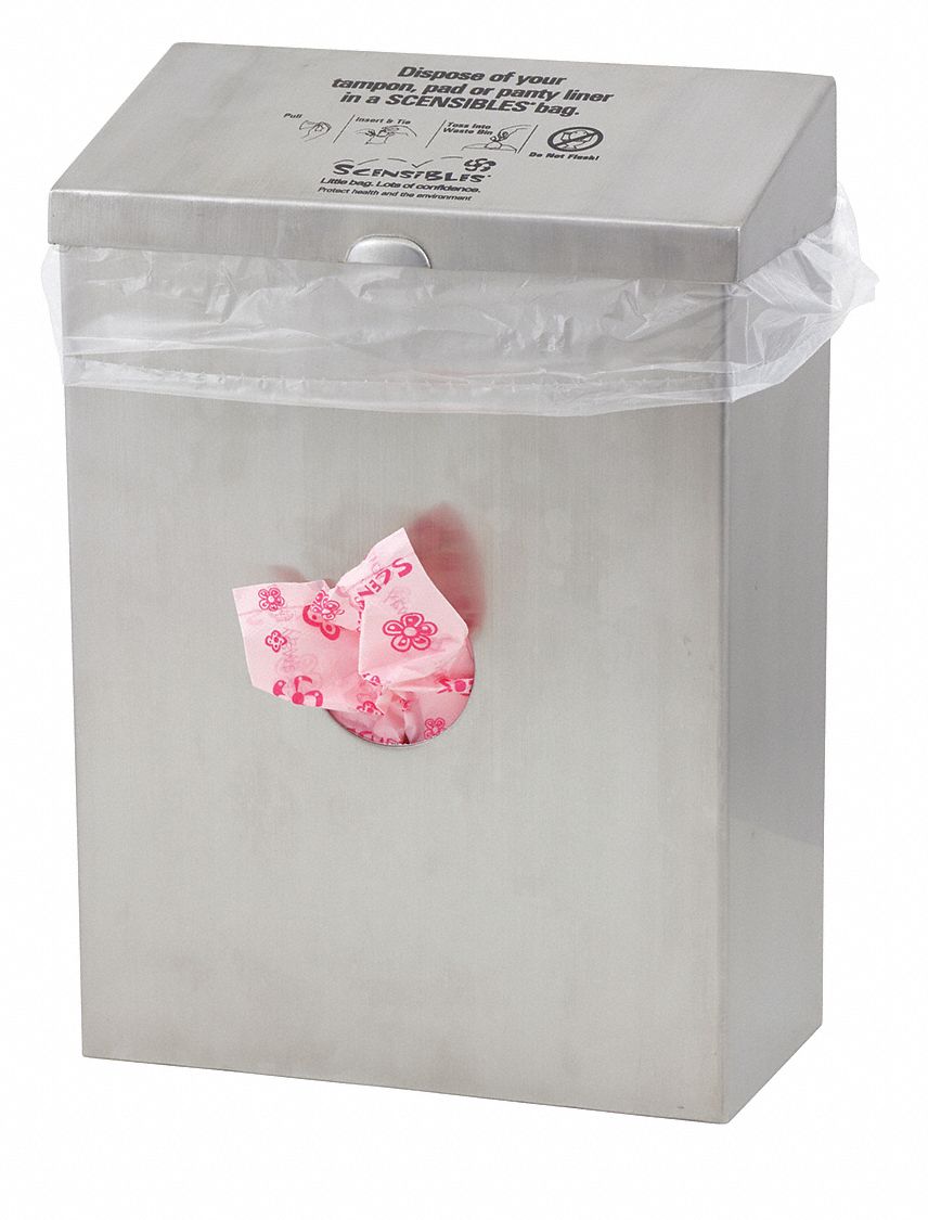 Sanitary Napkin Receptacle with Bag Dispenser: Wall-Mounted, 8 in Wd, 11 in Ht, 4 in Dp