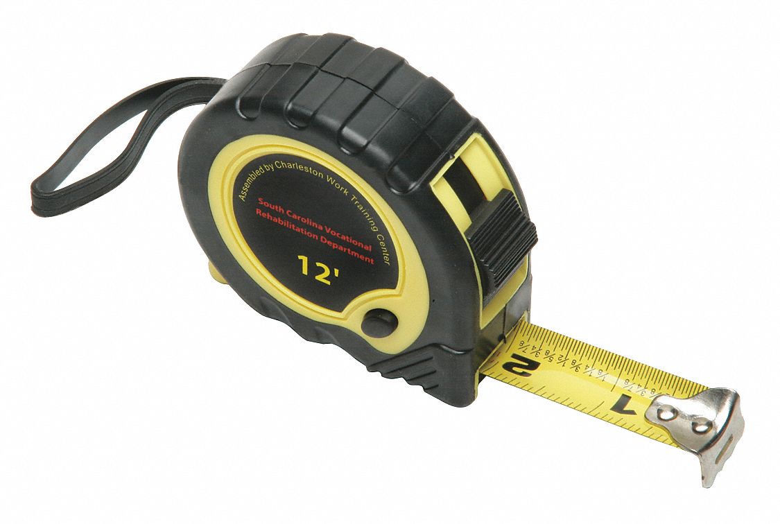 Tape Measure: Nonmagnetic Single Hook Tip, 12 ft, Plastic with Rubberized Grip, Black