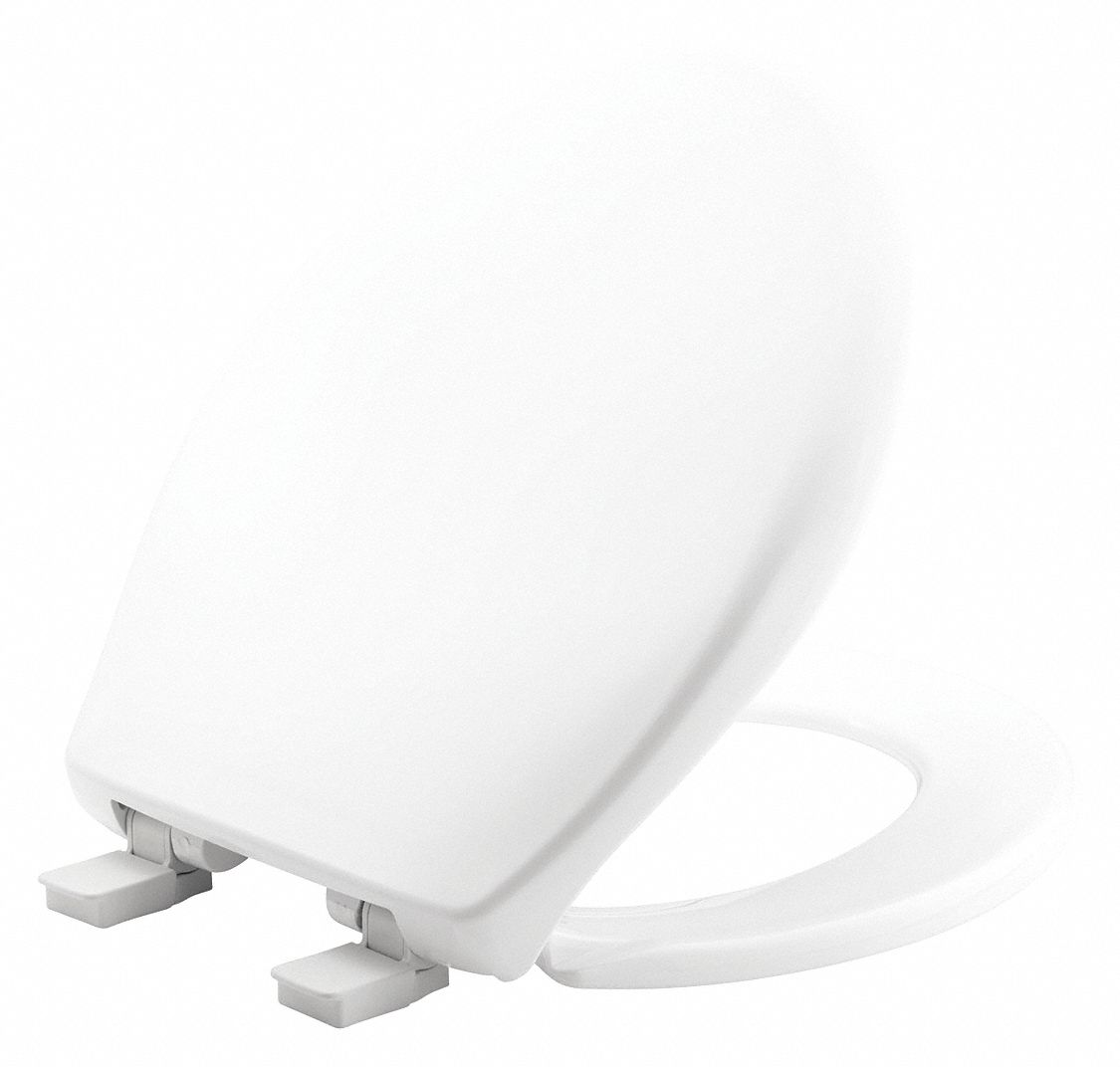 TOILET SEAT: WHITE, PLASTIC, SLOW CLOSE HINGE, 2 3/16 IN SEAT H, 16 13/16 IN BOLT TO SEAT FRONT