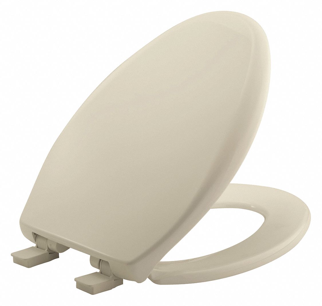 TOILET SEAT: BONE, PLASTIC, SLOW CLOSE HINGE, 2¼ IN SEAT H, 18 9/16 IN BOLT TO SEAT FRONT