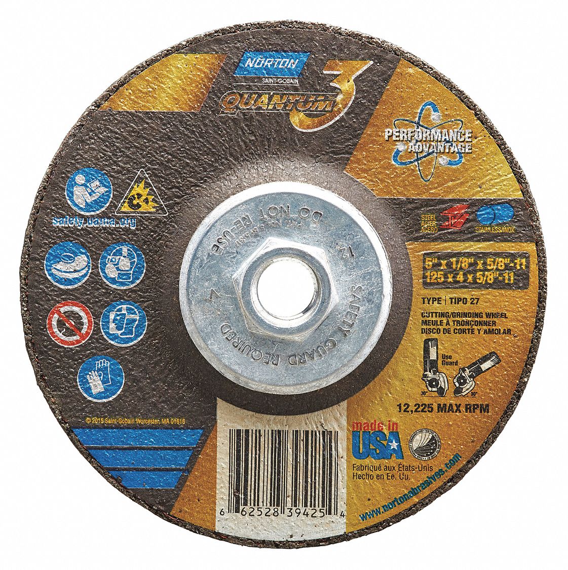 Cut-Off & Grinding Wheel: Type 27, 5" x 1/8" x 5/8"-11, Ceramic, 36 Grit, Quantum 3 SG