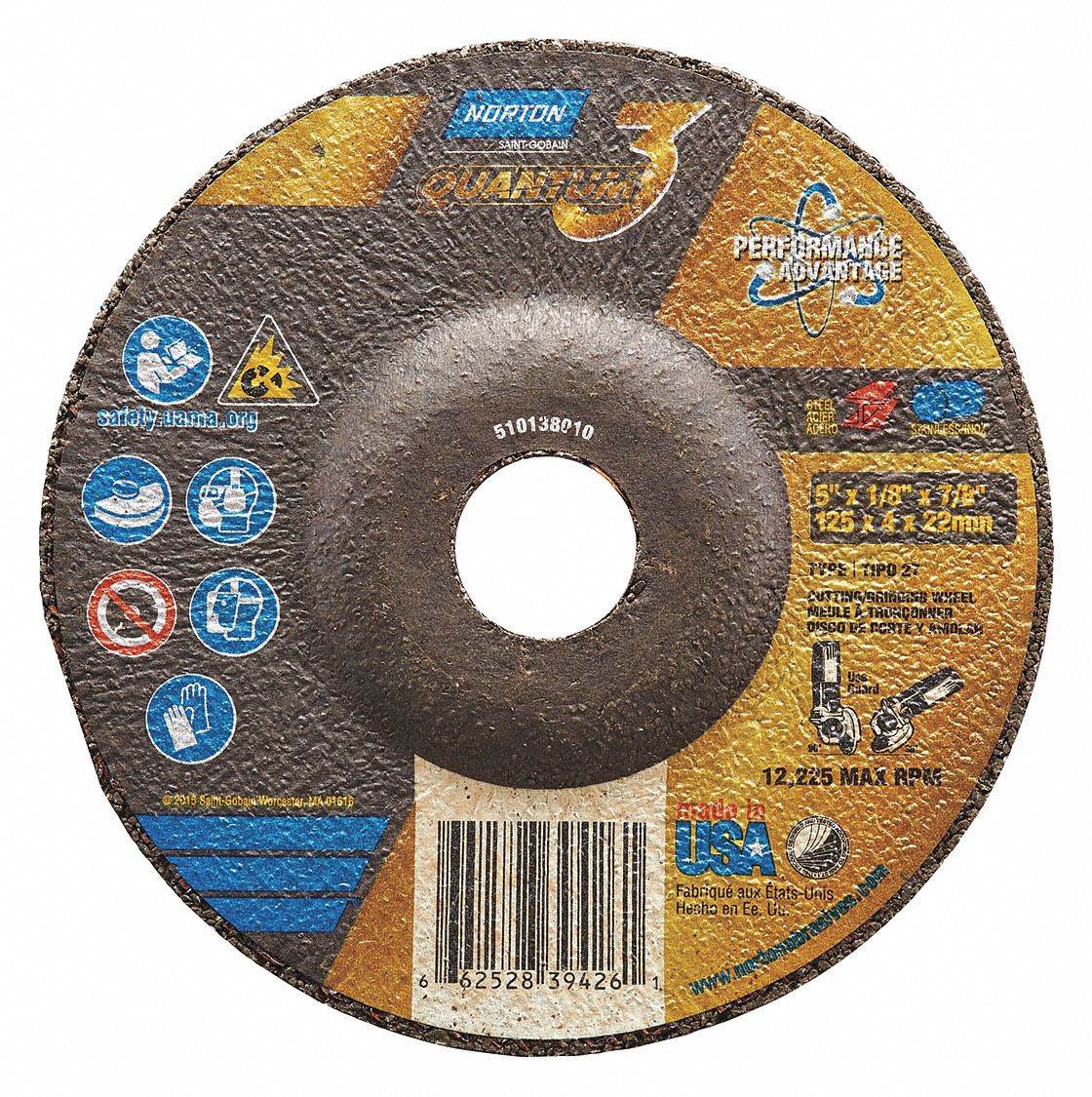 Cut-Off & Grinding Wheel: Type 27, 5" x 1/8" x 7/8", Ceramic, 36 Grit, Quantum 3 SG