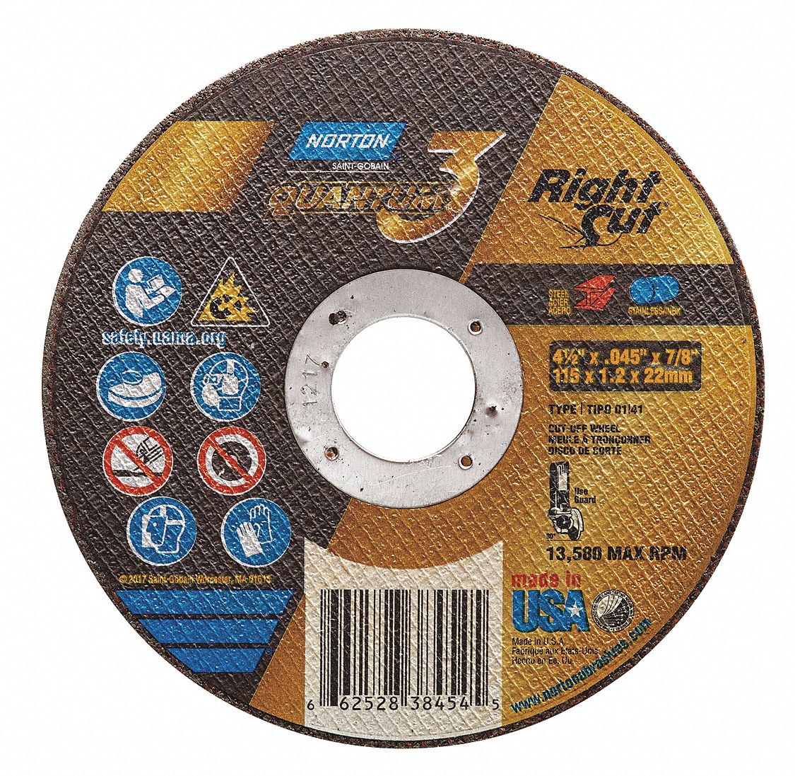 NORTON 4 1/2 in, Type 1 Ceramic Abrasive CutOff Wheel, 7/8 in Arbor