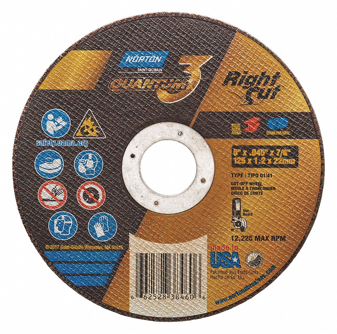 Abrasive Cut-Off Wheel: Type 1, 5" x 0.045" x 7/8", Ceramic, 36 Grit, Quantum 3 RightCut