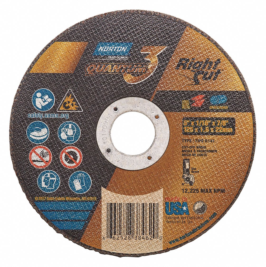 Abrasive Cut-Off Wheel: Type 1, 5" x 1/16" x 7/8", Ceramic, 36 Grit, Quantum 3 RightCut