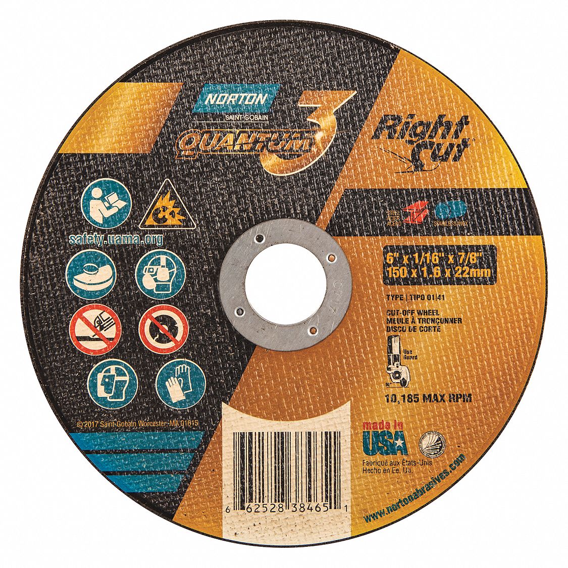 Abrasive Cut-Off Wheel: Type 1, 6" x 1/16" x 7/8", Ceramic, 36 Grit, Quantum 3 RightCut