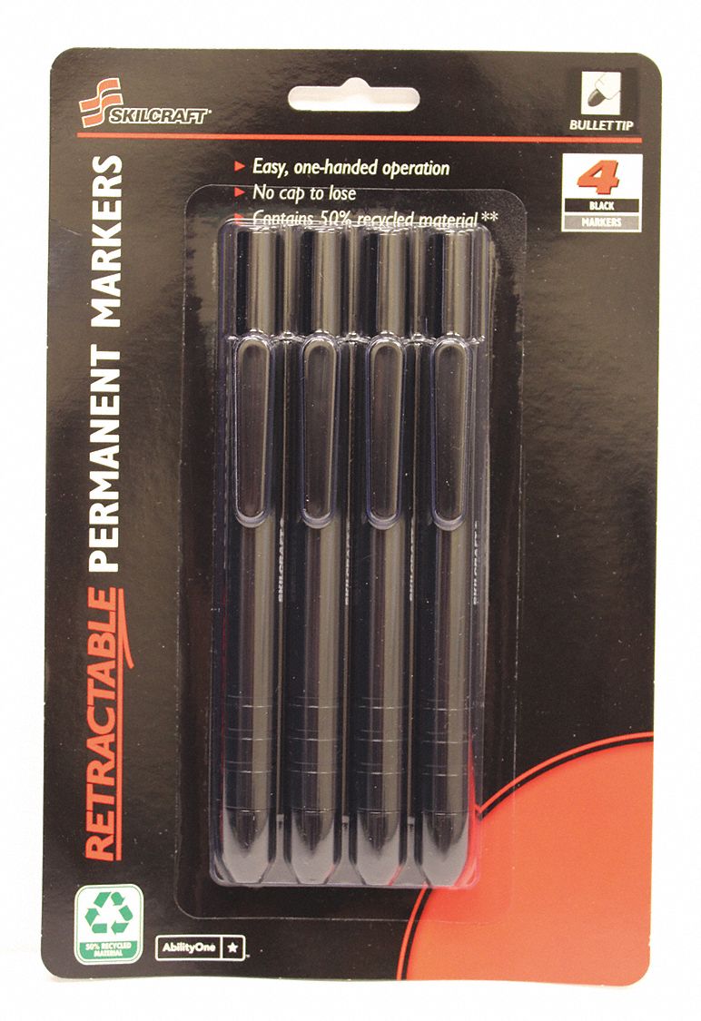 Permanent Marker: Black, Retractable, Fine, Permanent Ink, Single Tips, Std, 4 PK
