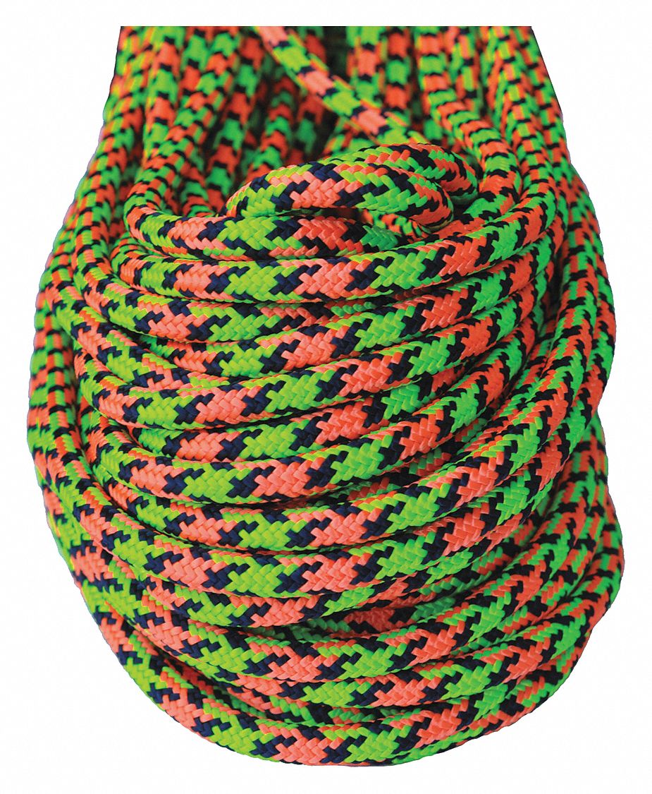 Climbing Rope: 7/16 in Rope Dia, Blue/Green/Orange, 600 ft Rope Lg, 700 lb Working Load Limit