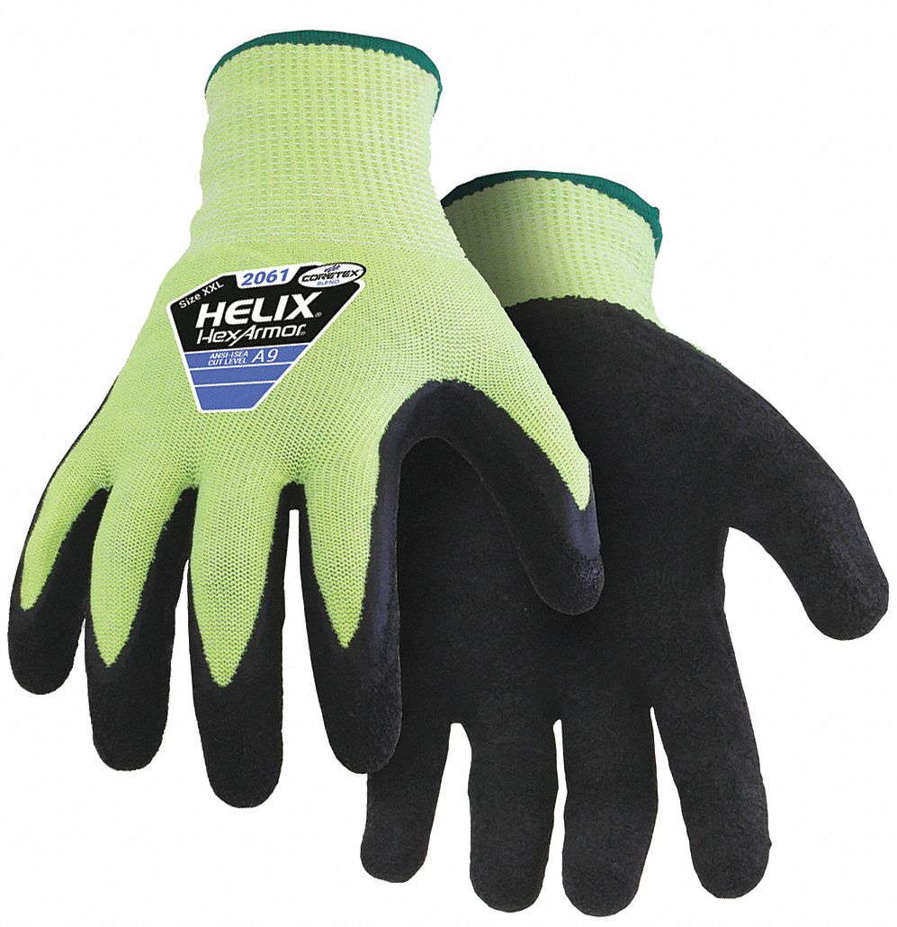 GANTS ENDUITS HELIX,TG(10),RÉSISTANCE AUX COUPURES DE NIVEAU A9 ANSI,PAUME TREMPÉE,LATEX,CORE9,13GA