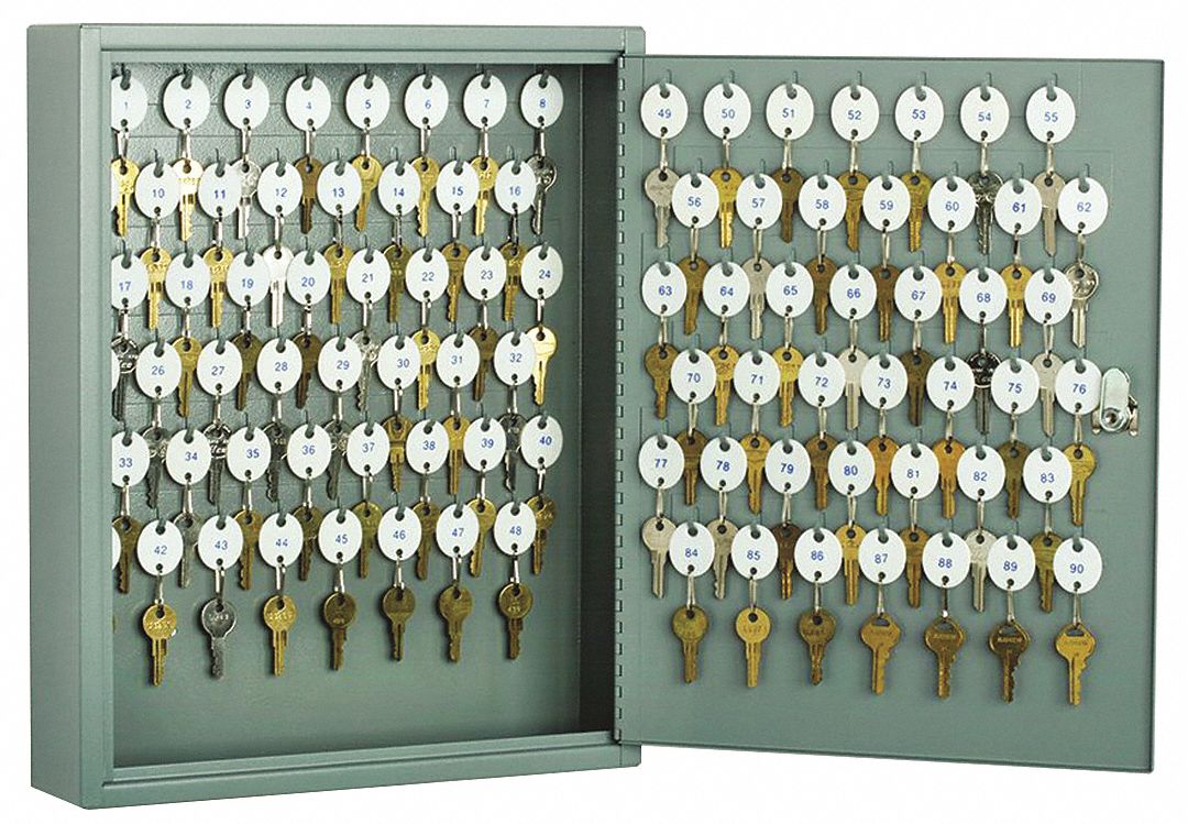 Key Cabinet: 90 Key Capacity, Steel, Gray, 17 1/4 in Ht, 14 in Wd, 3 1/4 in Dp, Wall Mount