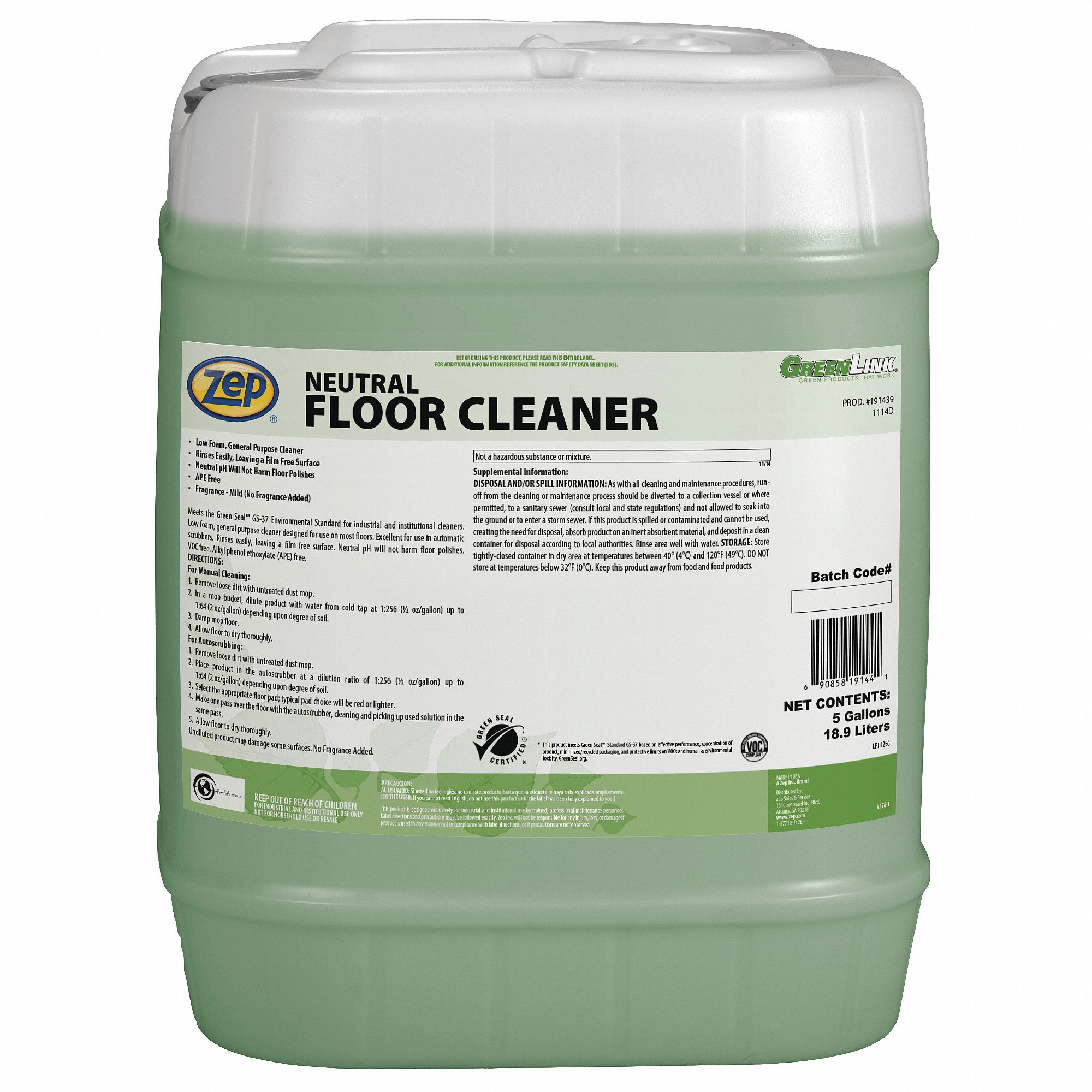 ZEP Bucket 5 Gal Container Size Floor Cleaner 54ZK16 191439 Grainger
