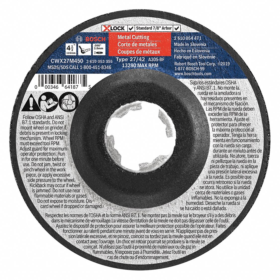 Depressed Center Cut-Off Wheel: Type 27, 4 1/2" x 0.098" x 7/8", Aluminum Oxide, 30 Grit