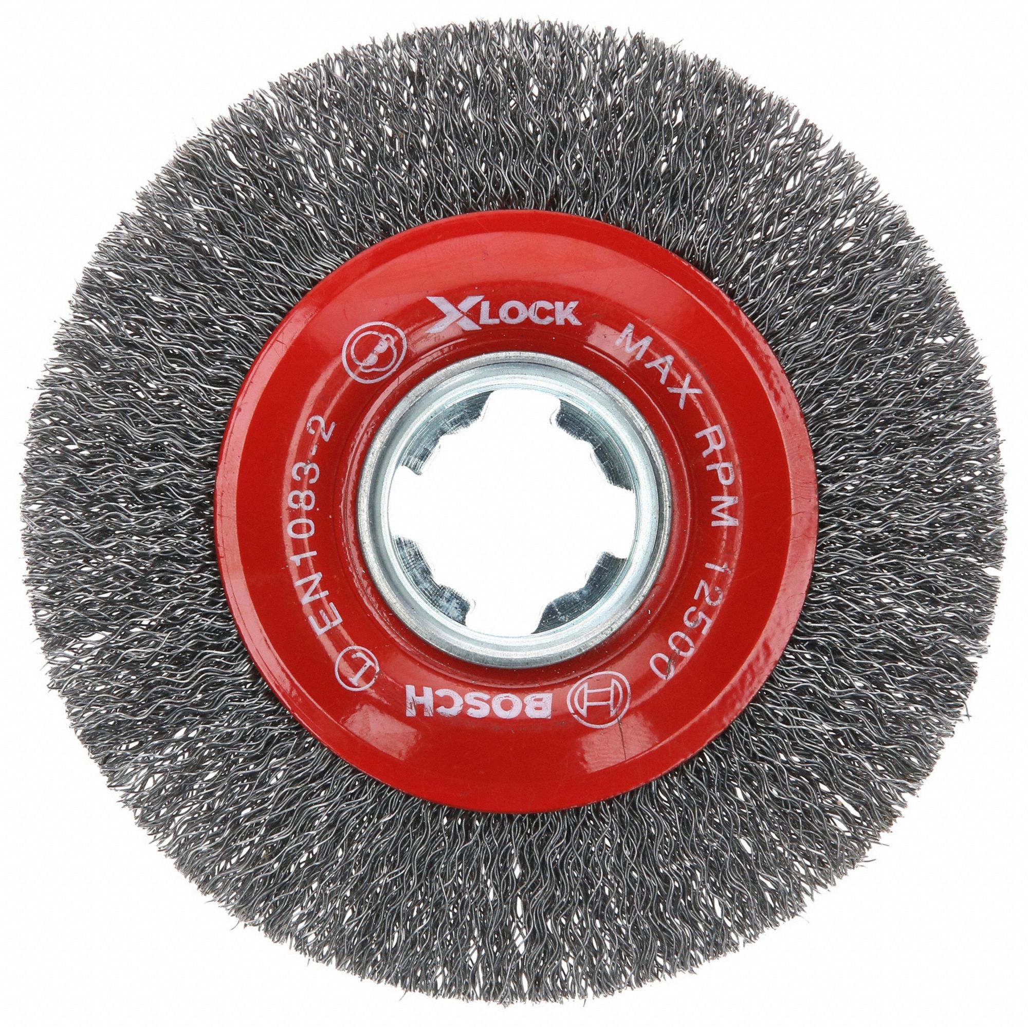 Wire Wheel Brush: Crimped Steel, 4 1/2" Dia x 1/2" Wd, X-Lock Connection Type & Size
