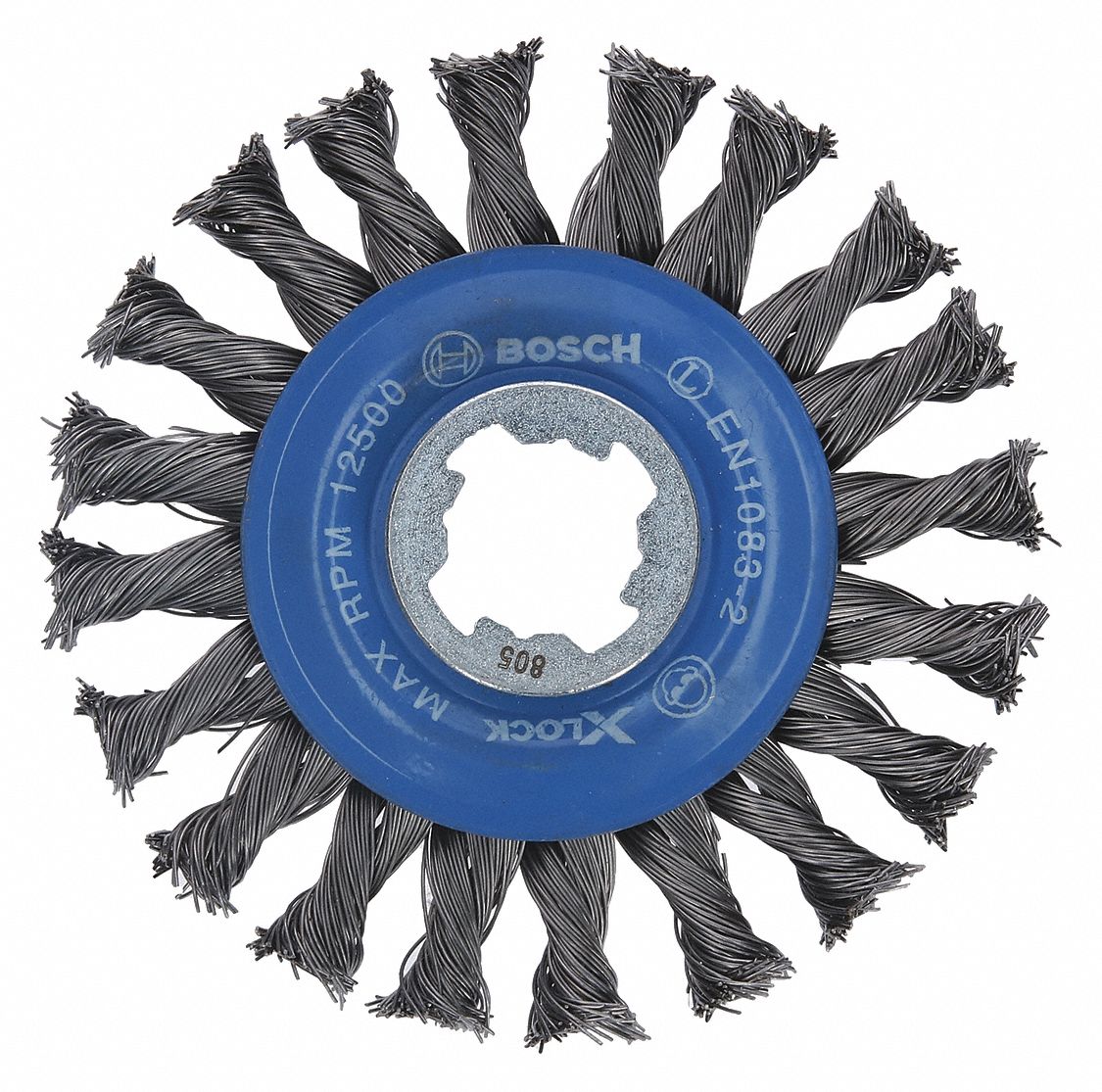 Wire Wheel Brush: Steel Cable Twist, 4 1/2" Dia x 1/2" Wd, X-Lock Connection Type & Size