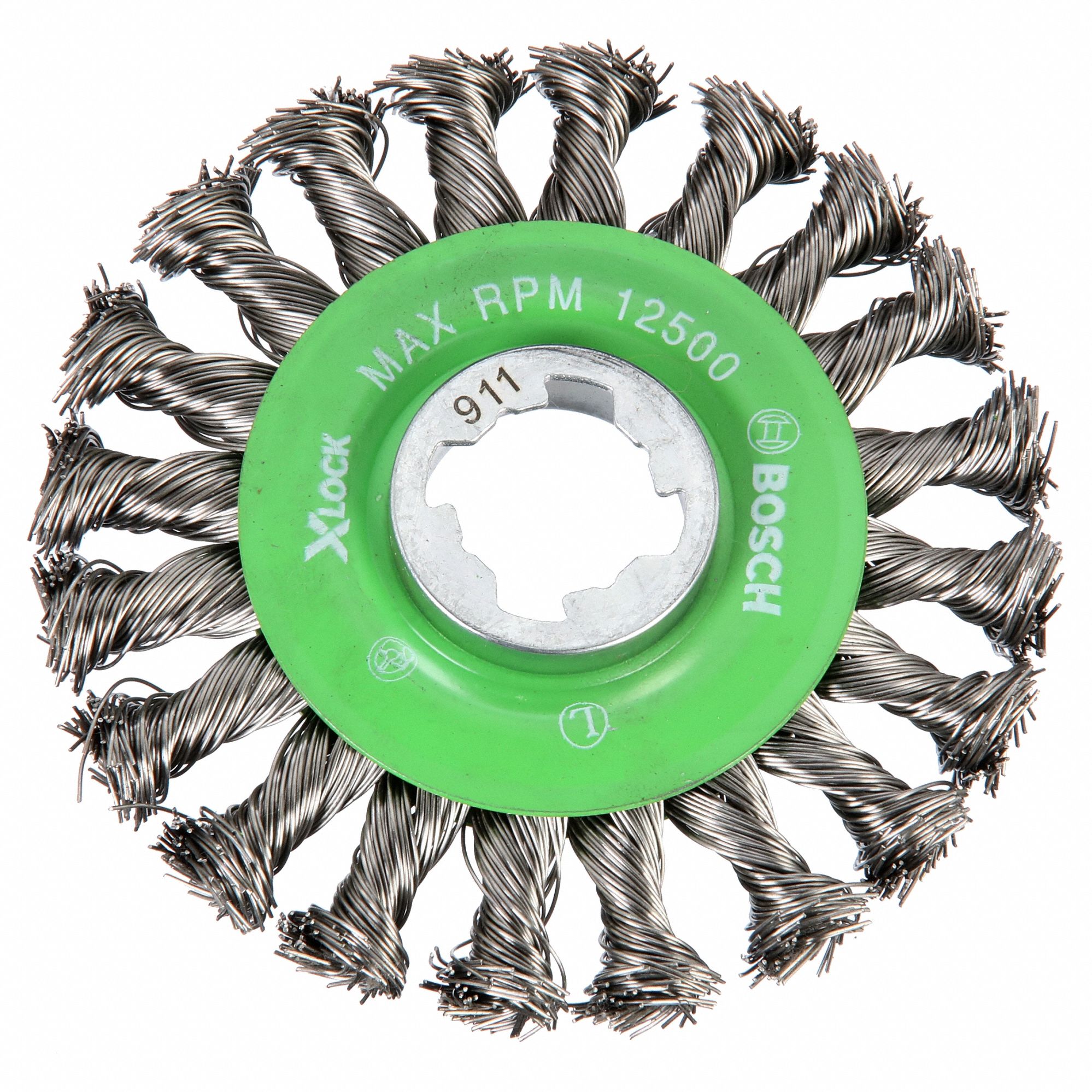 Wire Wheel Brush: Twisted Stainless Steel, 4 1/2" Dia x 1/2" Wd, X-Lock Connection Type & Size