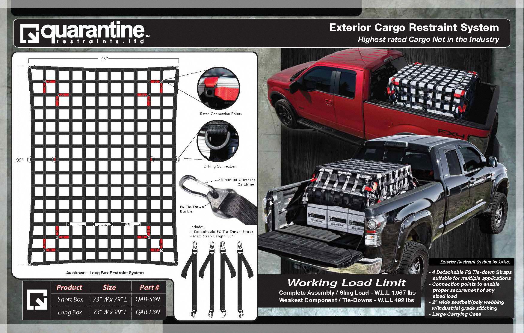 Cargo Net: Black, Polyester, Long Box Restraint, 400 lb/in Tensile Strength, 6 1/8 ft Net Wd
