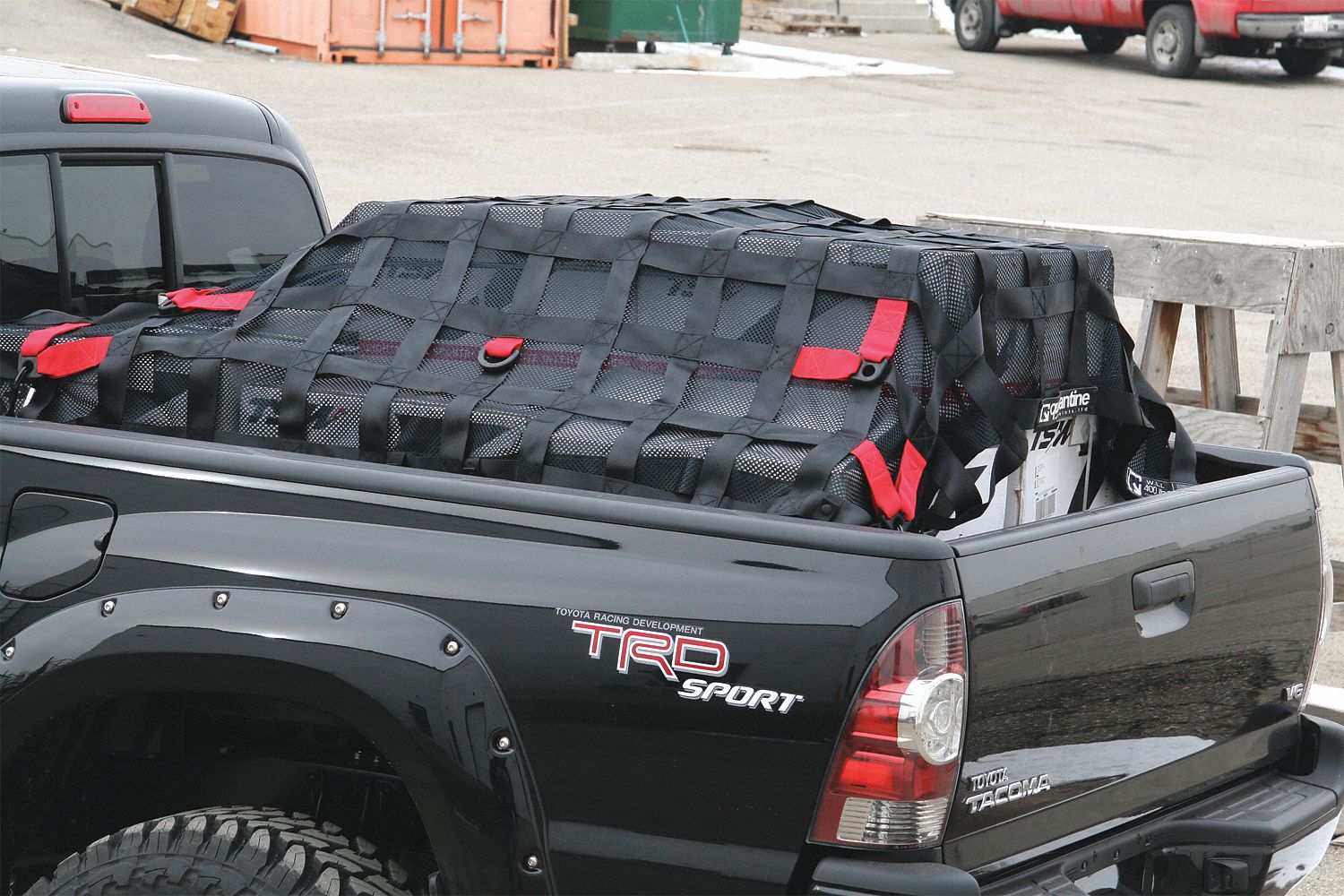 Cargo Net: Polyester, Carabiner, 6 ft Cargo Net Wd, 6 ft 6 in Cargo Net Lg, Black, 2 Mounting Points