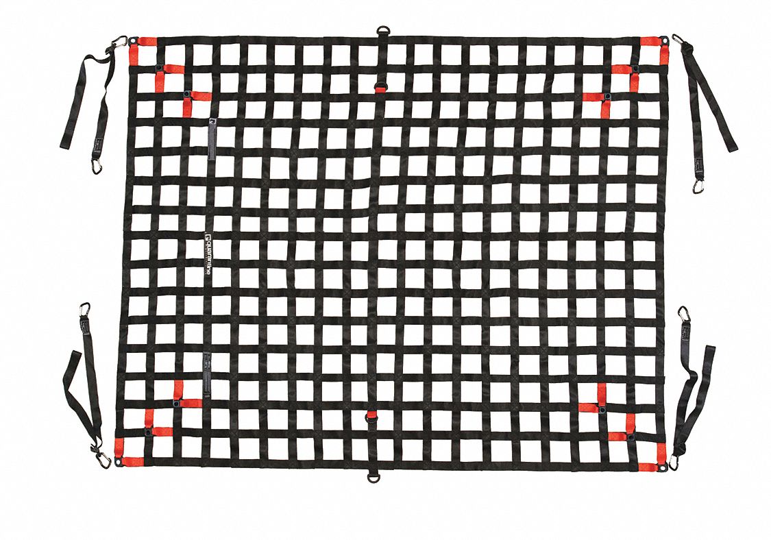 Cargo Net: Polyester, Carabiner, 7 ft 6 in Cargo Net Wd, 9 ft 6 in Cargo Net Lg, Black