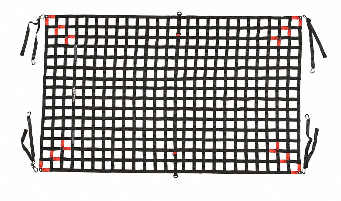 Cargo Net: Polyester, Carabiner, 7 ft 6 in Cargo Net Wd, 12 ft 6 in Cargo Net Lg, Black