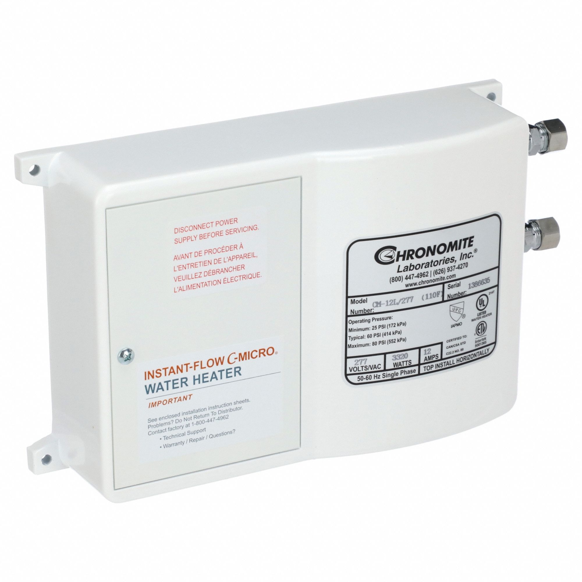 Electric Tankless Water Heater: Indoor, 3, 320 W, 1 gpm Max. Flow Rate