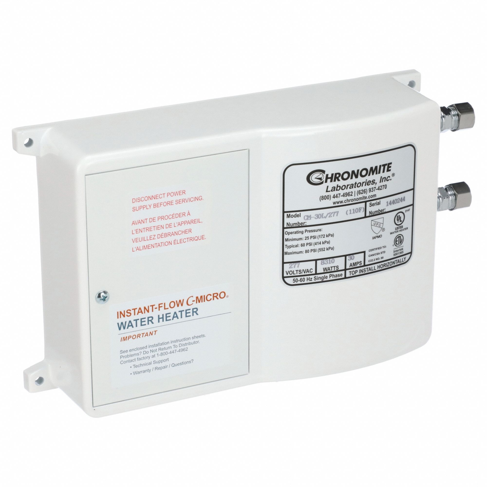 Electric Tankless Water Heater: Indoor, 8, 310 W, 2 gpm Max. Flow Rate