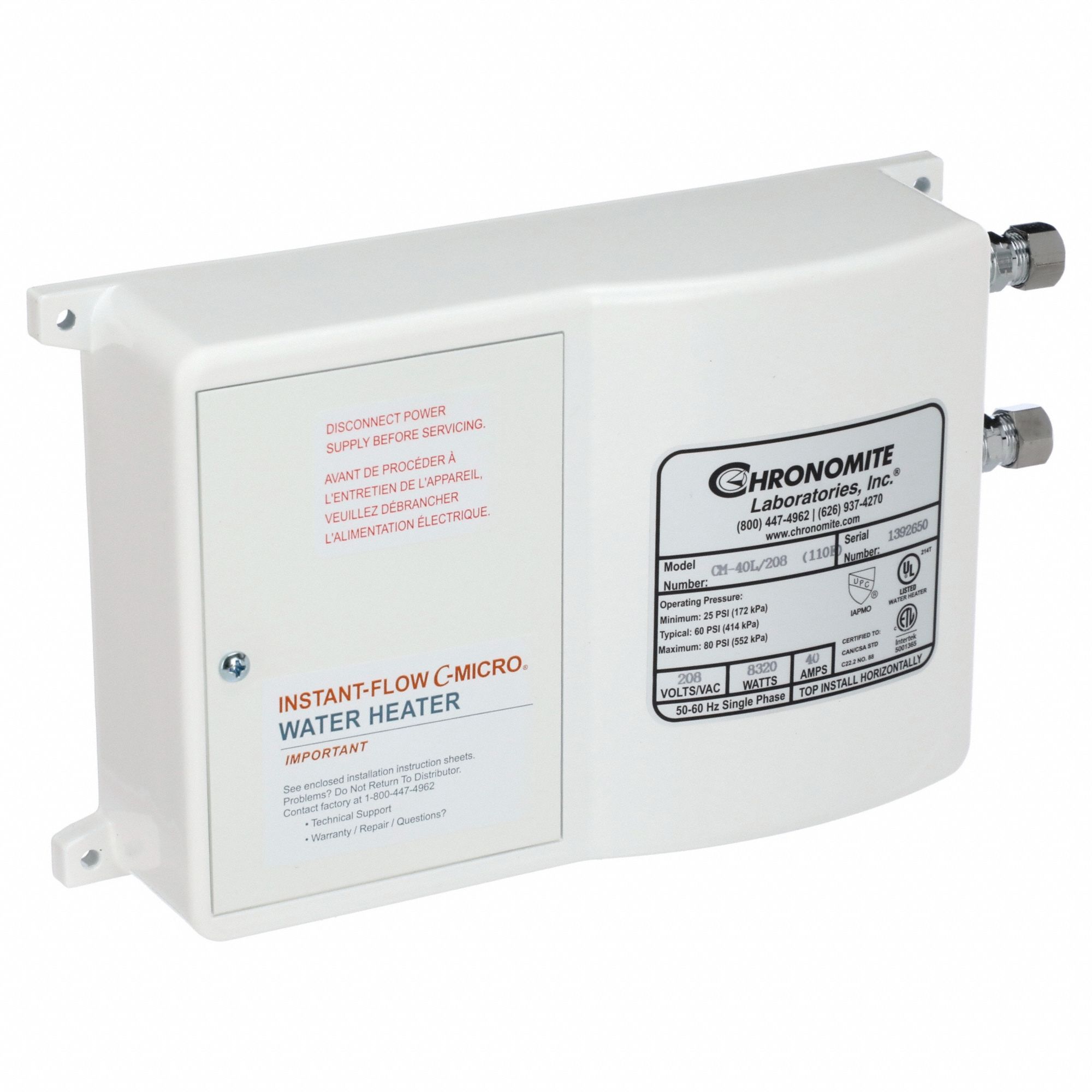 Electric Tankless Water Heater: Indoor, 8, 320 W, 2 gpm Max. Flow Rate