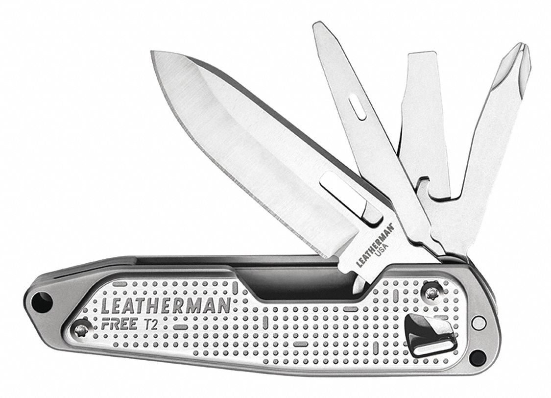 Folding Knife: 8 Tools, 3 5/8 in Closed Lg, 5 3/4 in Open Lg, Stainless Steel, Silver