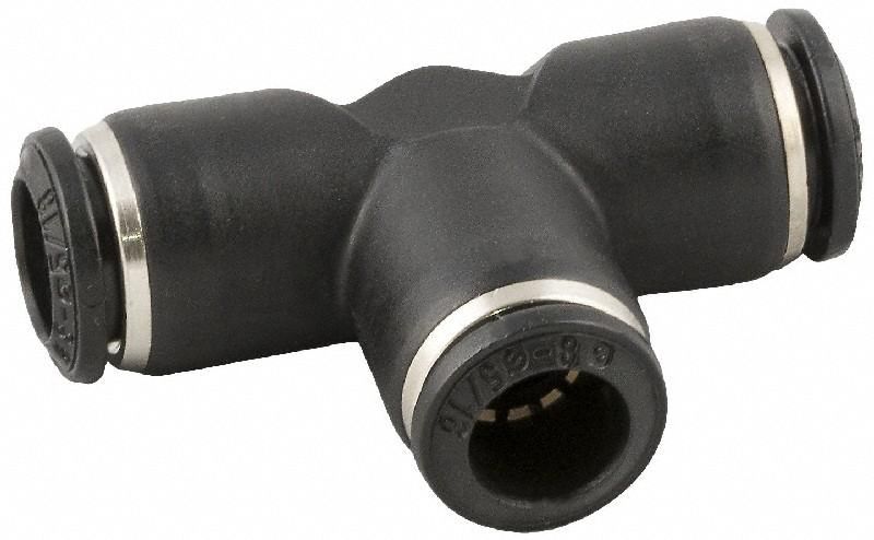 Push-Fit Tee Fitting: 6 mm OD x 4 mm OD x 6 mm OD Size, Fiberglass-Reinforced Nylon