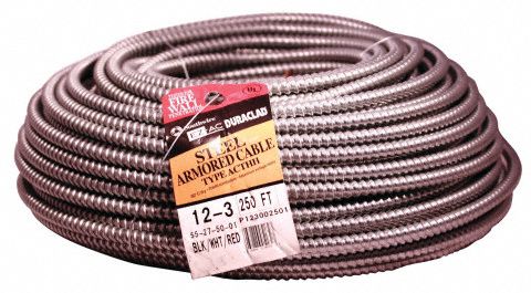 Metal Clad Cable: 12 AWG, 3 Conductors, Copper, 250 ft, Galvanized Steel, Std, THHN
