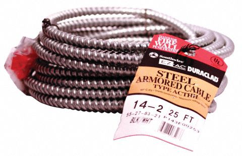 Metal Clad Cable: 14 AWG, 2 Conductors, Copper, 25 ft, Galvanized Steel, Std, THHN