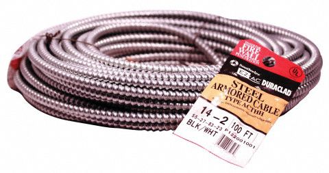 Metal Clad Cable: 14 AWG, 2 Conductors, Copper, 100 ft, Galvanized Steel, Std, THHN